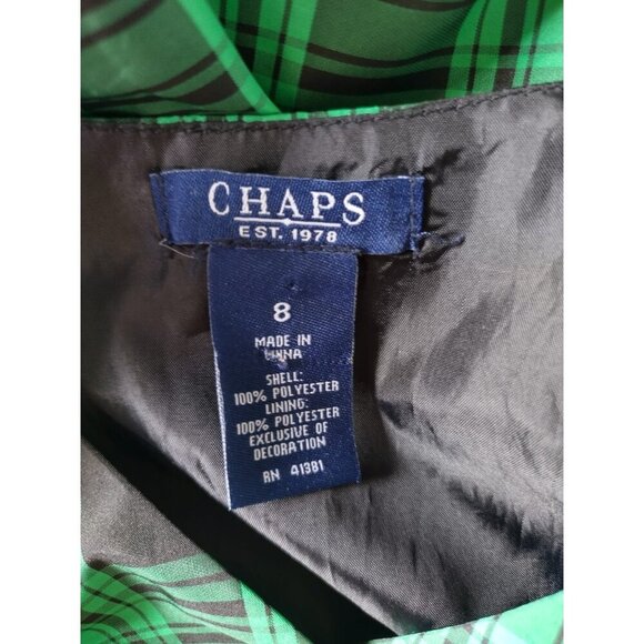 Chaps green and black plaid polyester sleeveless dress with waist tie, size 8. - Picture 4 of 9